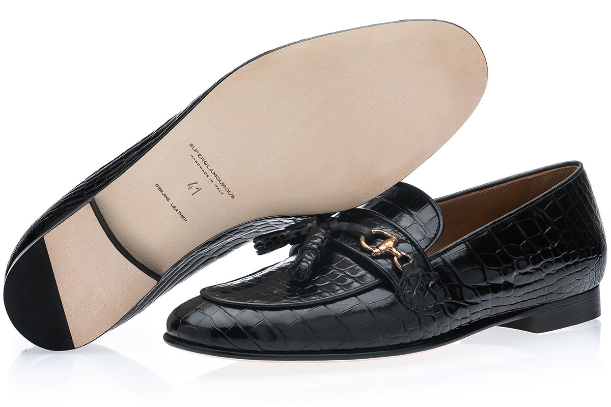 BRUNO CROCODILE BLACK SLIPPERS