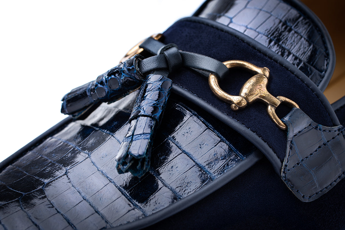 BRUNO CROCOSUEDE NAVY SLIPPERS