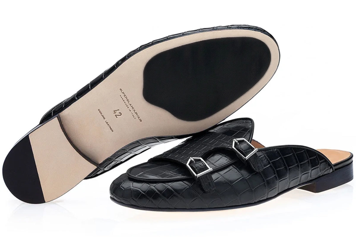 TANGERINE 7 CROCODILE BLACK MULES