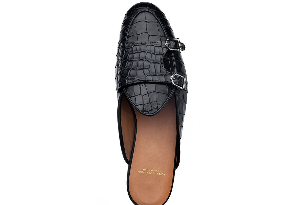 TANGERINE 7 CROCODILE BLACK MULES