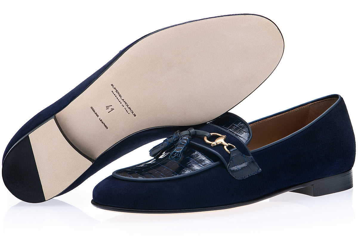 BRUNO CROCOSUEDE NAVY SLIPPERS