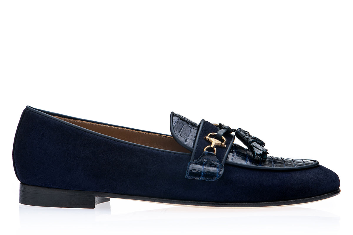 BRUNO CROCOSUEDE NAVY SLIPPERS