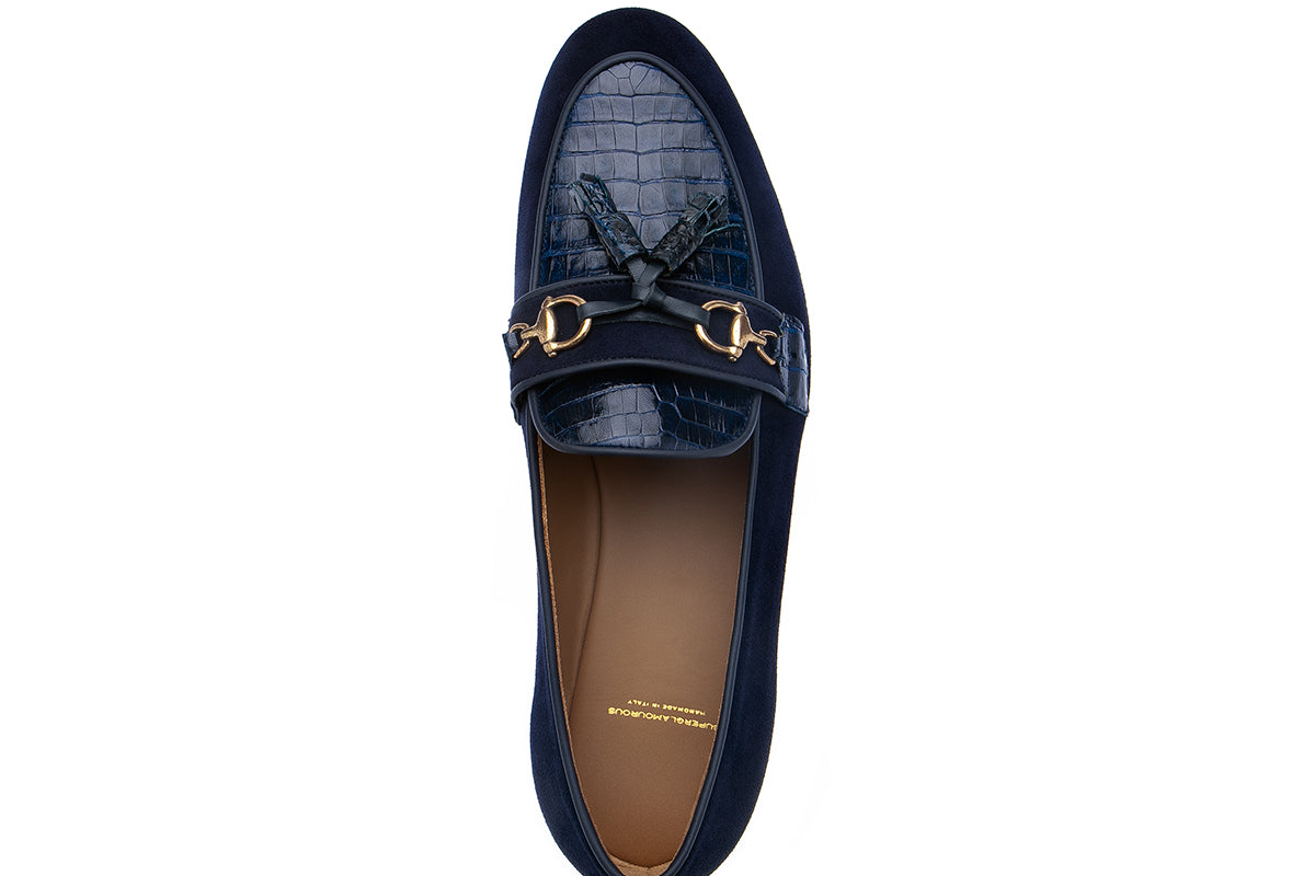 BRUNO CROCOSUEDE NAVY SLIPPERS