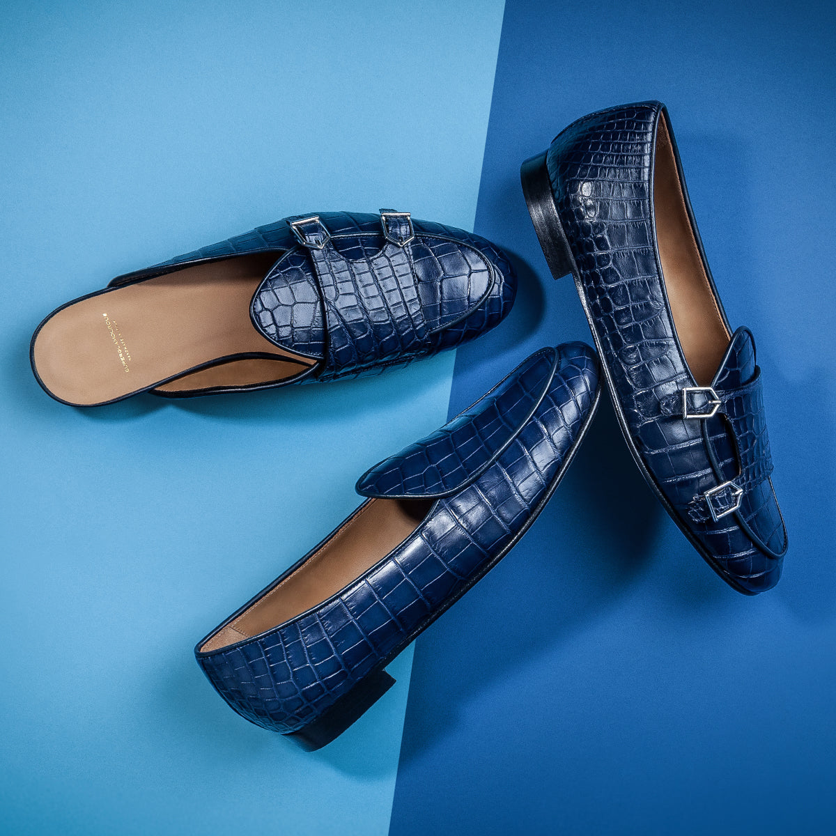 TANGERINE CROCODILE NAVY BELGIAN LOAFERS