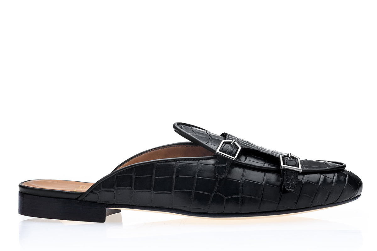 TANGERINE 7 CROCODILE BLACK MULES