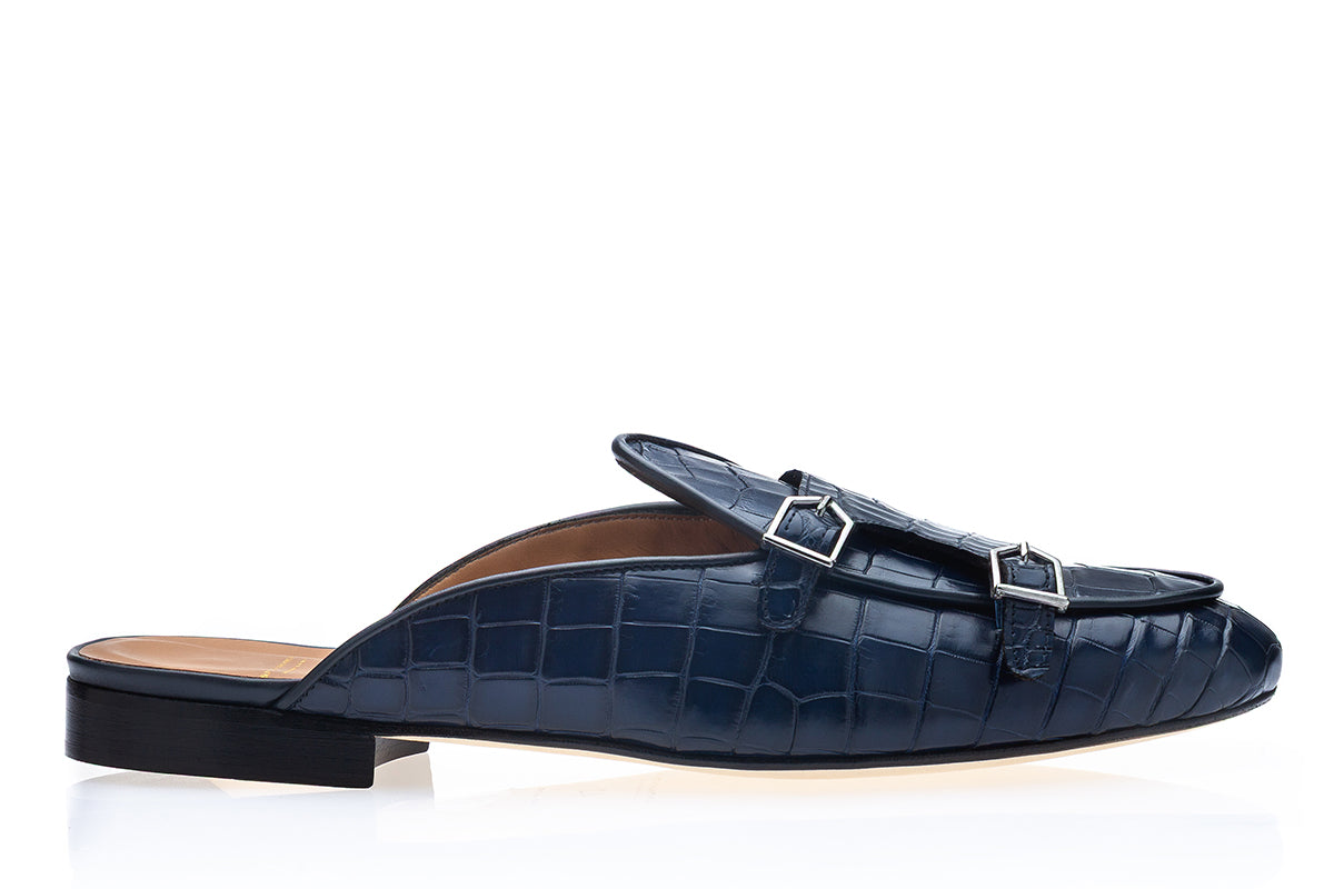 TANGERINE 7 CROCODILE NAVY MULES
