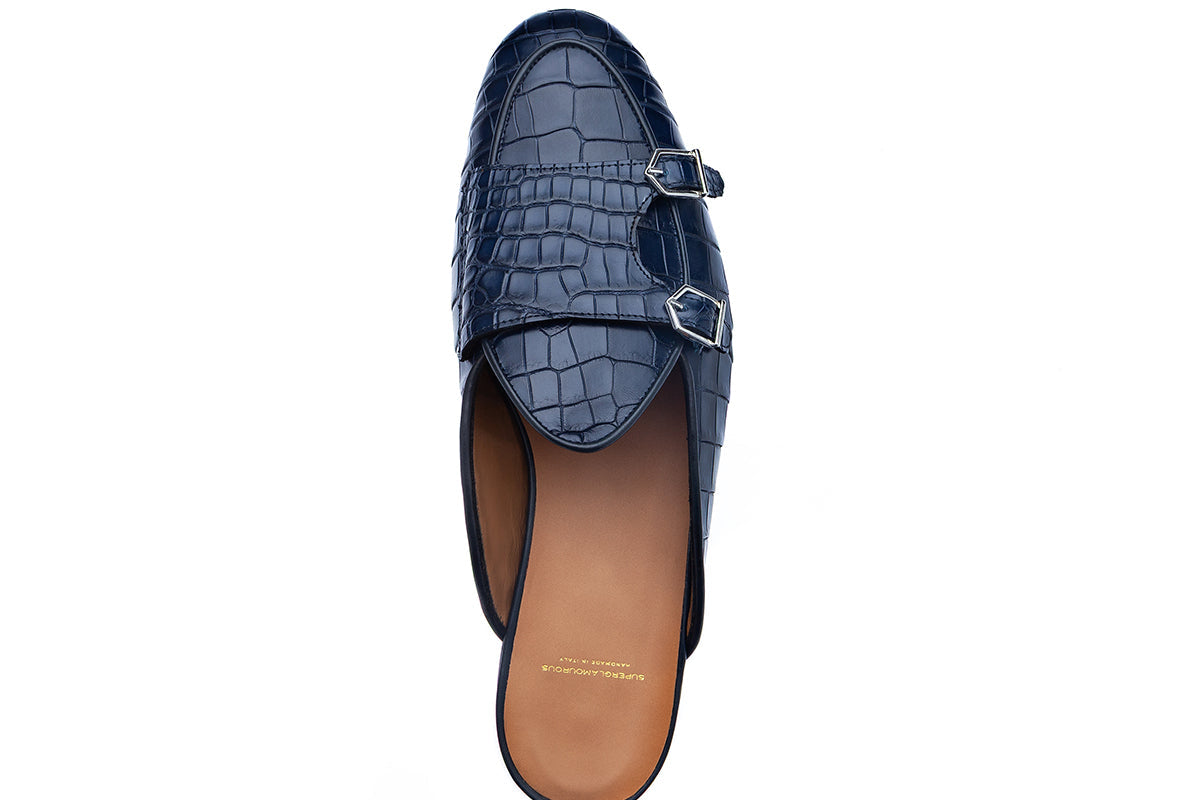 TANGERINE 7 CROCODILE NAVY MULES