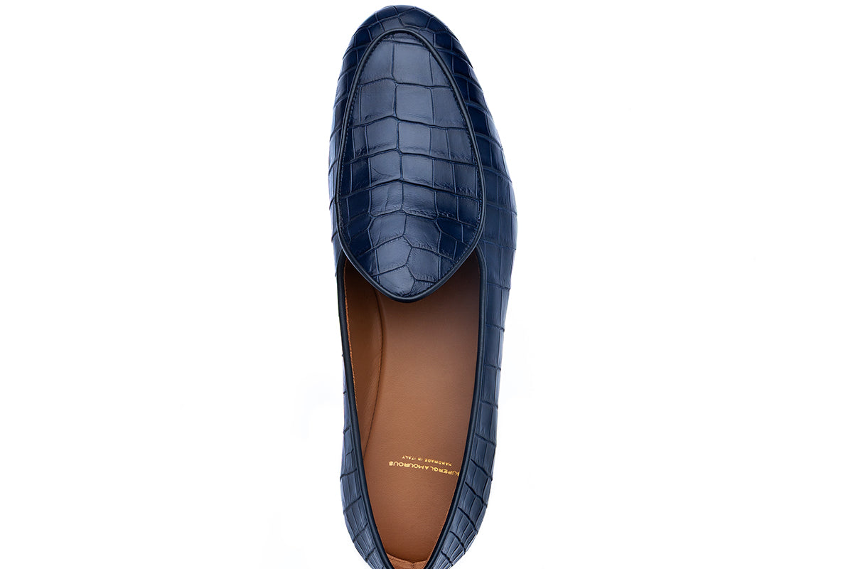 TANGERINE CROCODILE NAVY BELGIAN LOAFERS