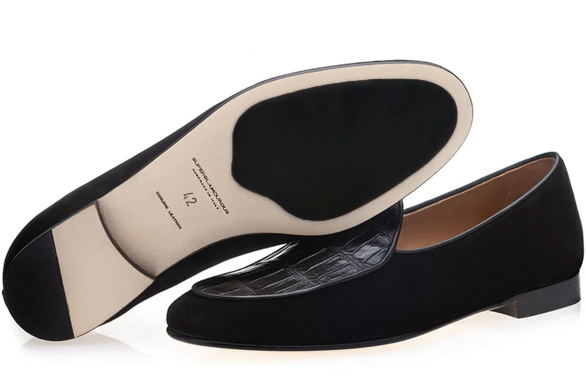 TANGERINE CROCOSUEDE BLACK BELGIAN LOAFERS