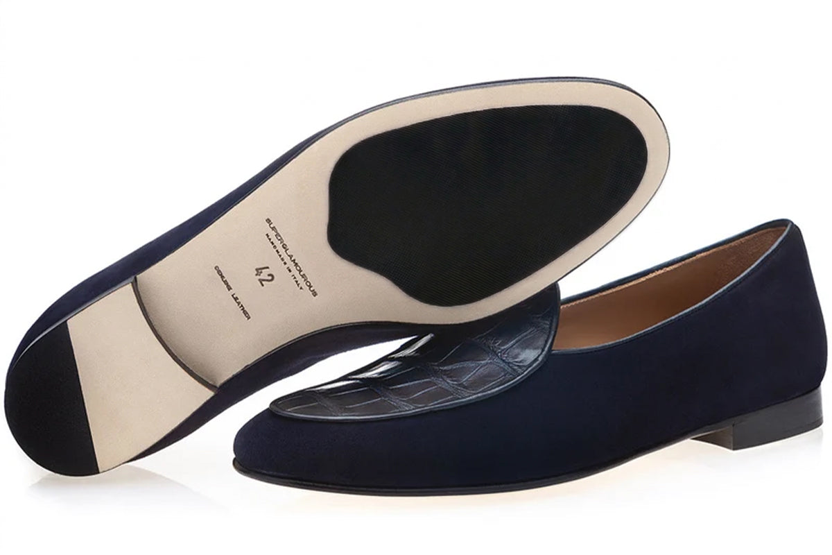 TANGERINE CROCOSUEDE NAVY BELGIAN LOAFERS